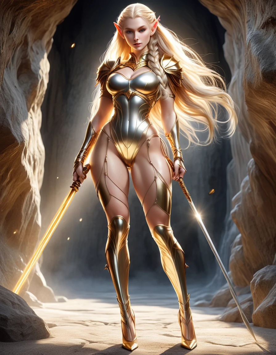 Full body picture，Sexy blonde elf woman, Elf Culture, , Beautiful pale elf woman, Very pale skin, Light grey eyes, High cheekbones, Red face, Mental foramen, Long and blond hair, Double braided hair, Gold Thong Bodysuit Armor, Silver long slit skirt, Stand with your legs together，Gold and Silver Medal Details, Giant golden glove, Sports curvy figure, Show your thighs, Sexy thighs, Quadriceps muscle details, muscle, Body side view, Full body view, cave, sun, Backlight, accurate image, Epic Image, masterpiece