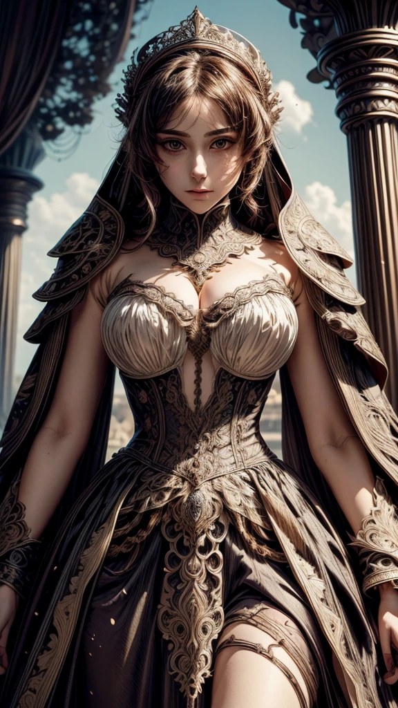 ((masterpiece,best quality,highest quality,illustration,intricate details)),1girl, outdoor, curtain dress armor 