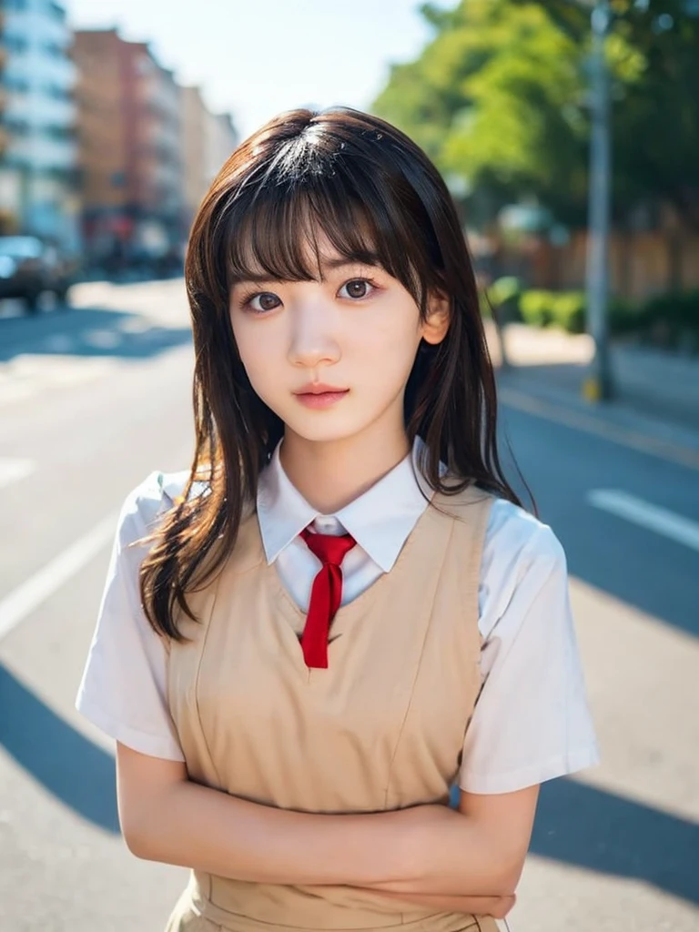 One Girl, (beautiful girl, Delicate girl:1.3), (14 years old:1.3),
break, (Uniform Costume:1.3),
break, (Standing on a street corner:1.2),
break, Very beautiful eyes, (Symmetrical eyes:1.3),
break, Small breasts, Brown eyes, Parted bangs, Brown Hair, (Upper teeth, The best smile:0.2),
break, (Eye and facial details:1.0),
break, (masterpiece, Highest quality, Very detailed, Detailed face, 8k)