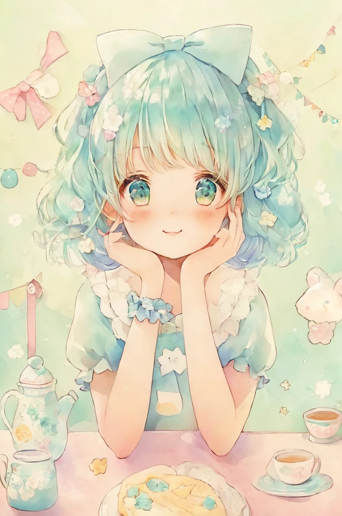 An anime girl with blue hair and a blue dress is sitting at a table, pretty girl, Cute Anime girl, Soft anime illustration, Cute Animeマンガスタイル, Turquoise hair anime girl, Cute Anime girl portraits, Cute Anime, Cute realistic portrait, Cute Animeの女の子, Cute art style, Cute Anime style, Cute Anime girl portrait, portrait of Cute Anime girl, Cute Colorful Adorable