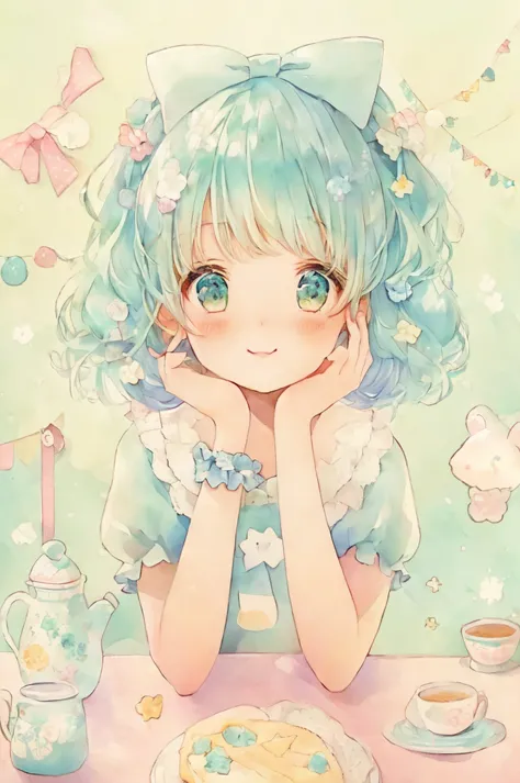 an anime girl with blue hair and a blue dress is sitting at a table, pretty girl, cute anime girl, soft anime illustration, cute...