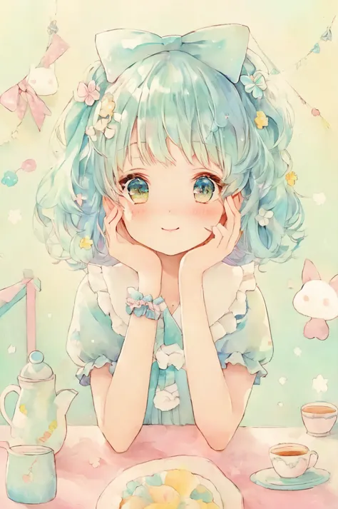 an anime girl with blue hair and a blue dress is sitting at a table, pretty girl, cute anime girl, soft anime illustration, cute...