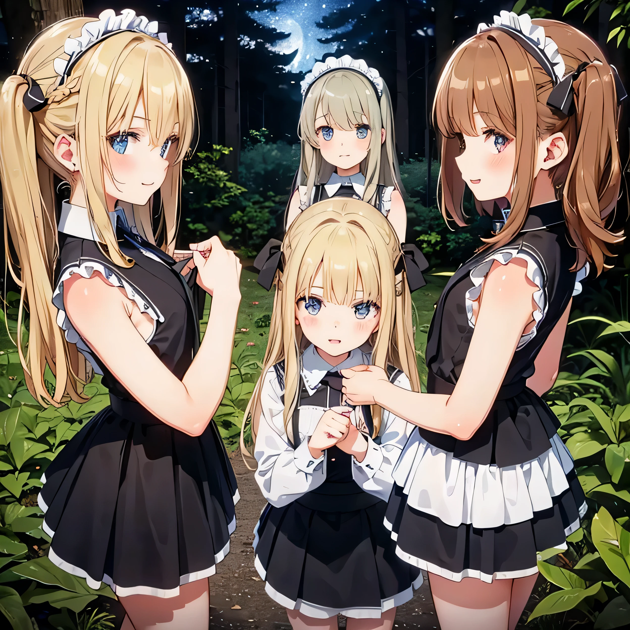 Maid Group, (in forest), various hairstyles, harem, wearing a maid uniform, night, details face, , short skirt, tempting, sleeveless , night, starry night