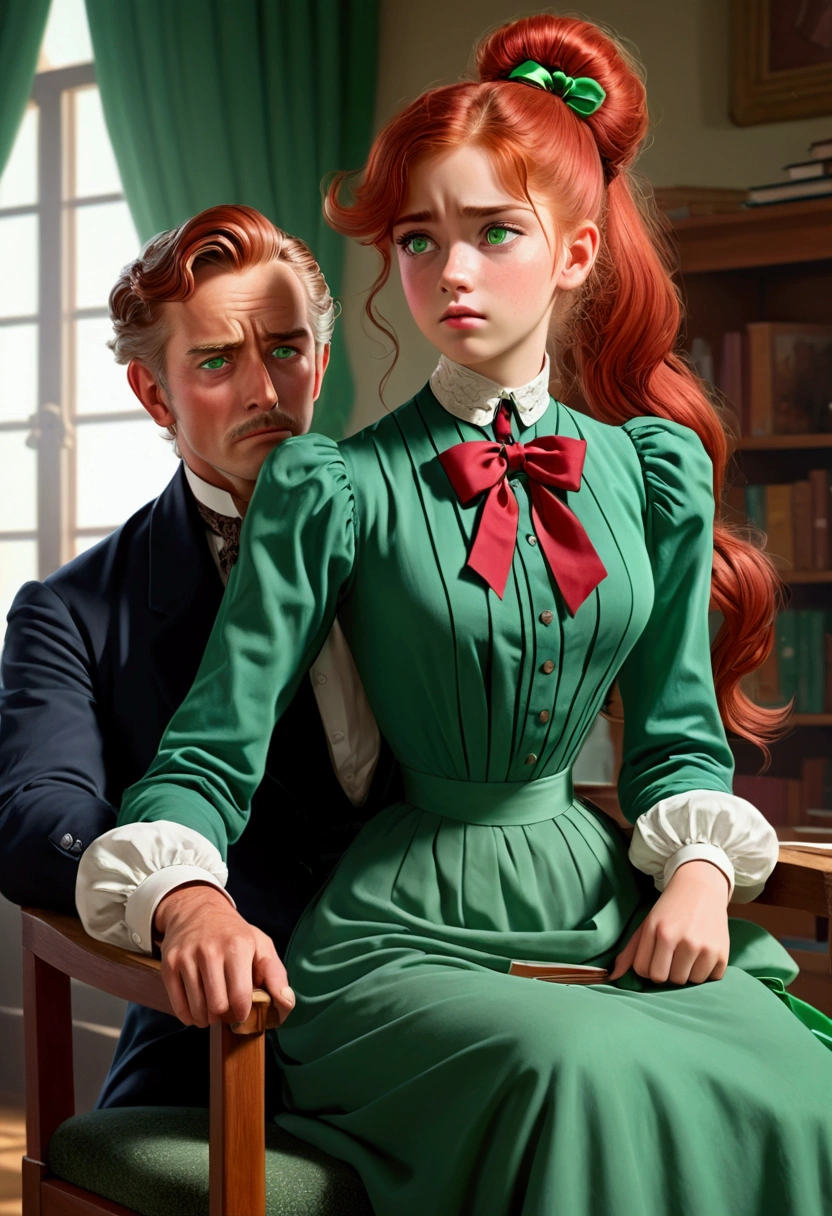 2d, masterpiece, best quality, cartoon, highly detailed, 1girl, 1man, pretty 13yo teenage Gibson Girl, green eyes, very long red hair, ponytail, 1900_dr3ss, high-collar long sleeve shirtwaist, ribbon tie, aged 69yo gentleman, horny man, classroom, 4k, 8k, best quality, masterpiece, hyper detailed, intricate detail, 1boy, 1 girl,  detailed, ++, detailed green eyes ++,  raytracing, perfect shadow, highres, hyper detailed, highlighting her playful nature. girl using a man as a chair, sitting on a man, girl sitting on someone, sitting on a man, using a man as a chair, girl feeling disgusted, man feeling aroused, nsfw