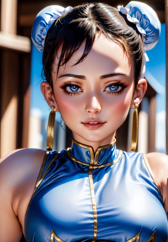 (Foto:1.3), hohe Details, chun-li, 1 Mädchen, Allein, Grinsen, auf den Betrachter zugehen, (verführerisch, Verlockend, charmant:1.3), (ultrahohe Auflösung, hohe Details, absurdesten:1.3)