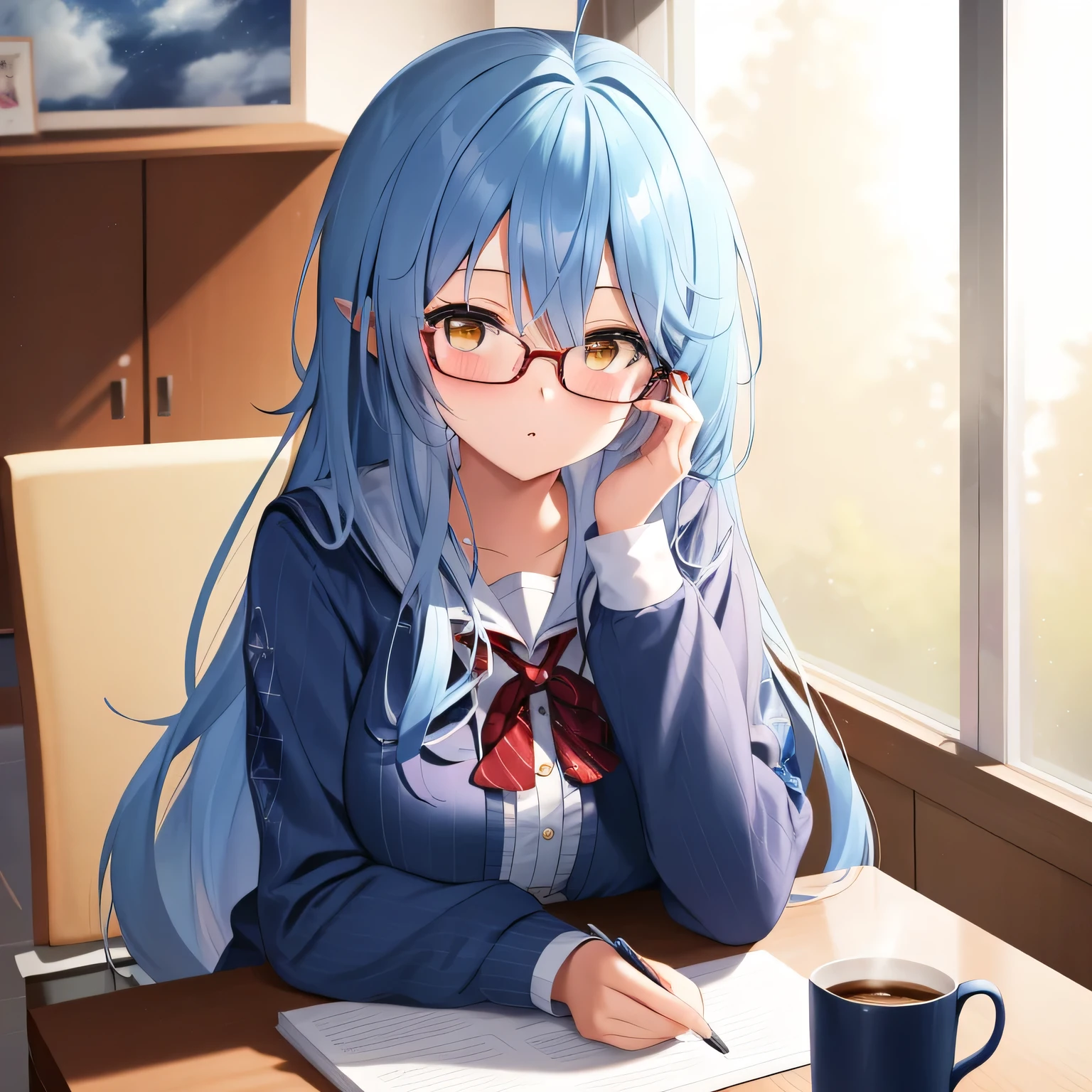 masterpiece, best quality, 1girl, solo, blush, yukihana lamy, long hair, hair between eyes, glasses, ((office clothes)), sitting, working on computer, coffee cup on table, office room, indoor, daylight, movie poster, extremely detailed 8K, smooth, high resolution, ultra quality, cinematic lighting, ambient occlusion, hd, 2k, 4k, 8k, 16k, extremely detailed anime, detailed faces, perfect composition, wide shot, atmospheric lighting, 