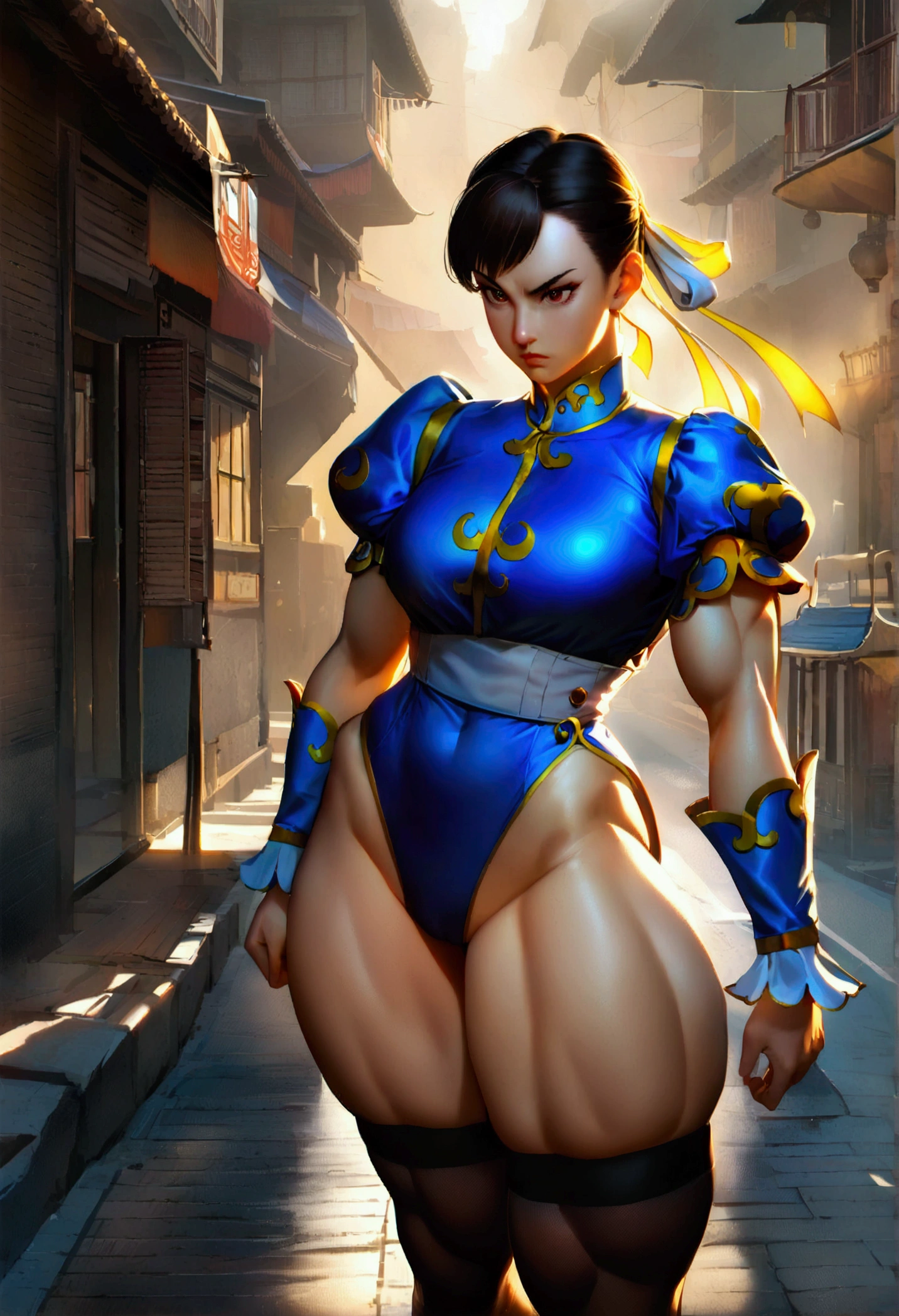 Chun-Li,beautiful young woman in classic blue uniform, thick-thighs, beautiful sexy thighs,a little muscular, hair stuck, blackstockings,Chinese city in the afternoon, standing alone.standing alone, blue outfit, blue skirt, serious look, beautifuleyes, beautiful face well detailed, detailed eyes and eyebrows.brown dark eyes,yellow low lighting
