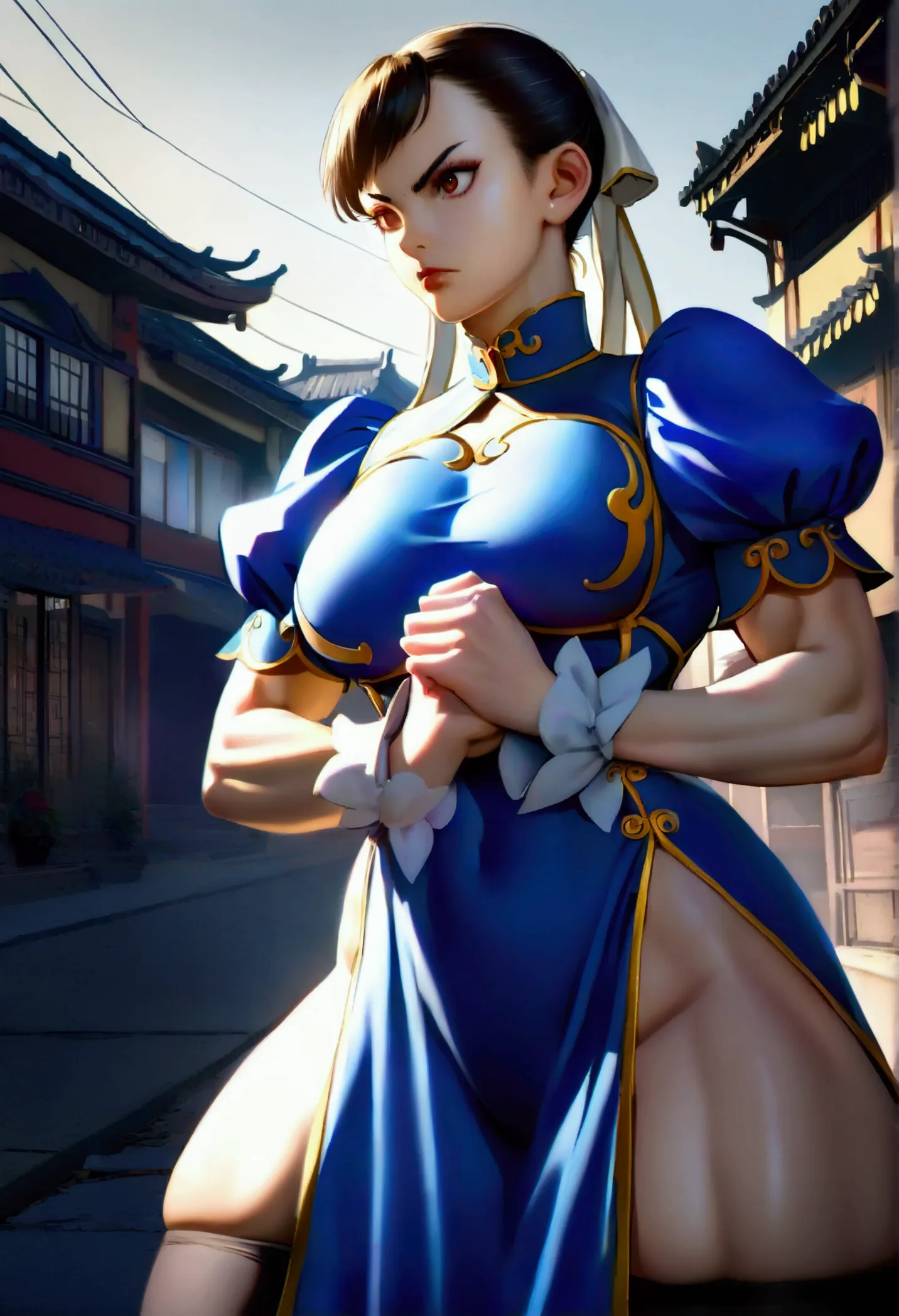 chun-li,beautiful young woman in classic blue uniform, thick-thighs, beautiful sexy thighs,a little muscular, hair stuck, blacks...