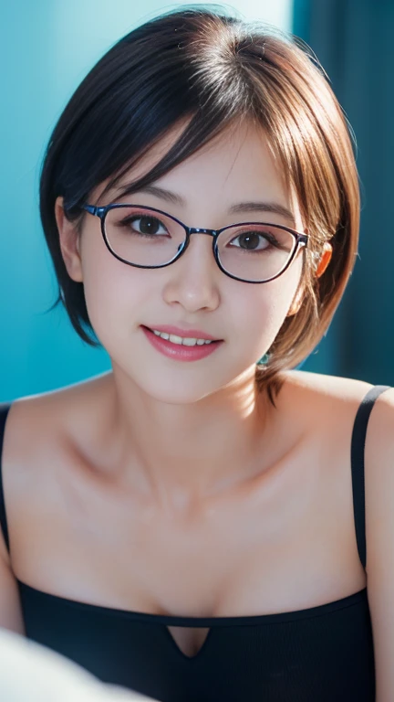 Gentle expression, Lie in, White glasses, Blue and black short hair, (8k, RAW Photos, Realistic:1.25) ,( Lip gloss, eyelash, Shining Face, Glowing Skin, Highest quality, Ultra-high resolution , Written boundary depth, chromatic aberration, Caustics, Wide Light, Natural Shadows, K-POPアイドル) She gazes at the viewer with a calm, goddess-like expression of bliss., whole body, Big Breasts, Black Stockings, White shirt, secretary、smile、(Full Shot:1.8)