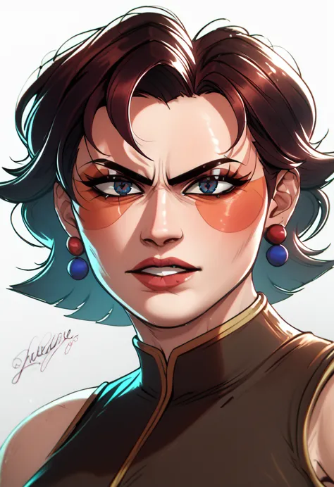 a fierce determined pomni girl fighter,digital circus, kof vibes, 90’s style, athletic body,portrait,close up,intense gaze, stri...