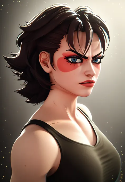 a fierce determined pomni girl fighter,digital circus, kof vibes, 90’s style, athletic body,portrait,close up,intense gaze, stri...