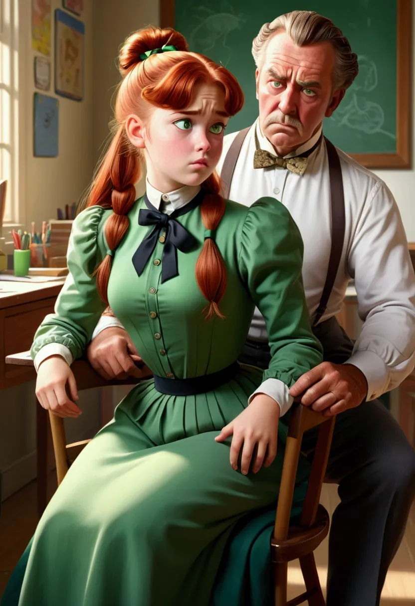 2d, masterpiece, best quality, cartoon, highly detailed, 1girl, 1man, pretty 13yo redheadteenage gibson girl, green eyes, very l...