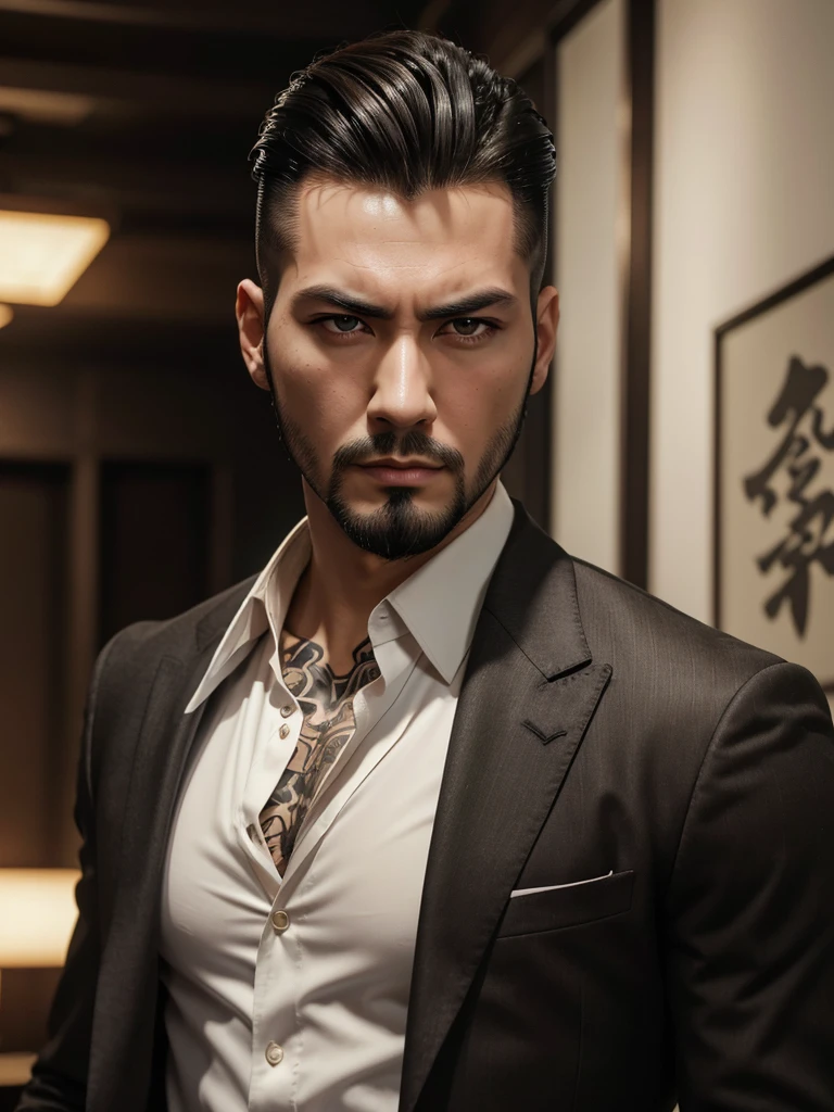 (best quality), 1boy, Male, pale skin, black hair, short hair, slicked back hair, brown eyes, perfect eyes, light beard, handsome, serious, Kiryu Kazuma, yakuza, tattoo, black suit, fully clothed, wealthy, masterpiece, anatomically correct, highres
