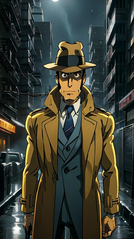 (1man, zenigata), (extremely detailed CG unit 8k wallpaper),(master part), (best quality), (ultra detail), (best illustration),(ghibli style), cowboy shot, (Sharp eyeliner, ombre, detail eyes:1), dark city, outdoors, ,break , (mad-sincity), upper body,1940s, noir, night, trenchcoat