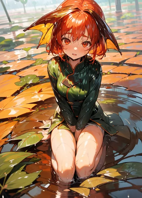 girl, anime『my favorite child』kana arima, redhead, red eyes, (after the rain:1.5), sitting in a puddle, (at night, shine星:1.3), ...