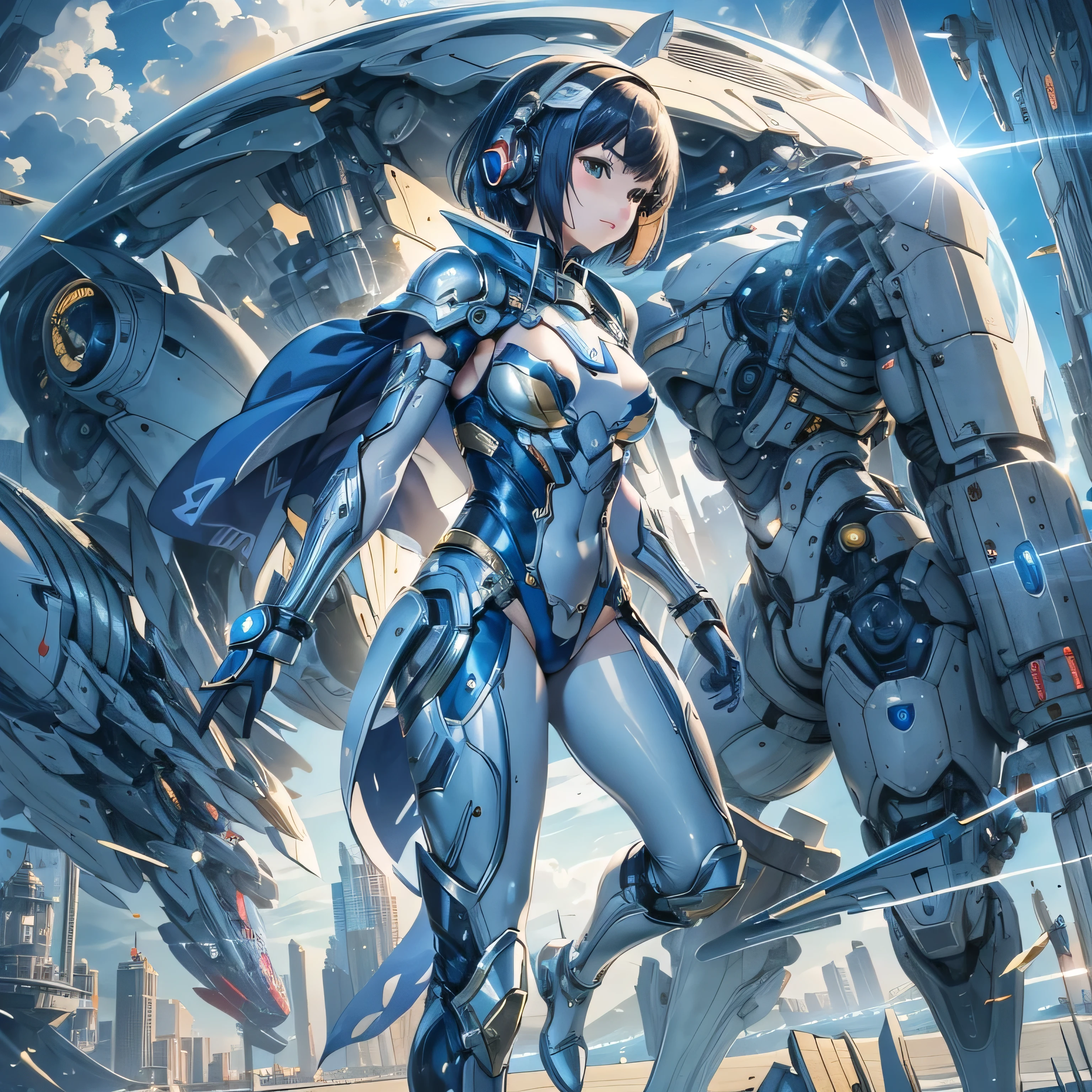 (masterpiece、Highest quality、Highest Resolution、Clear_image、Detailed details、Angle from above): (Whole body、One 20 year old girl、Japanese Faces、Small Face、Slender、Navy blue super short bob cut hair、(Hidden small breasts:1.3)、Sparkling blue eyes、Shiny pilot suit in blue and black colors、Chest protection armor、Tight fitting clothes、Clothing that covers the whole body、Glamorous clothes、Tight Fit Pants、Hide your skin、Very delicate and beautiful、Detailed Skin、hide thighs、Hide your ass、Cute、A gentle smile、Soft expression、heroine、headset、Knee-high boots、Elbow-length gloves、Eye Level Shot、Face directly、Woman on a spaceship)