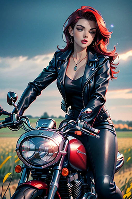 full length, sexy french model, Beautiful smile, lip gloss, Dramatic make-up, close-up photo, (large sparkling necklace), (sparkling big bracelets), Daytime scene., improve, Red hair, stylish hair))), ((Business style in dark gray with a blue leather jacket)), sweet and sexy, seductive look, ((((riding a motorcycle in a field)))), (potato harvest)