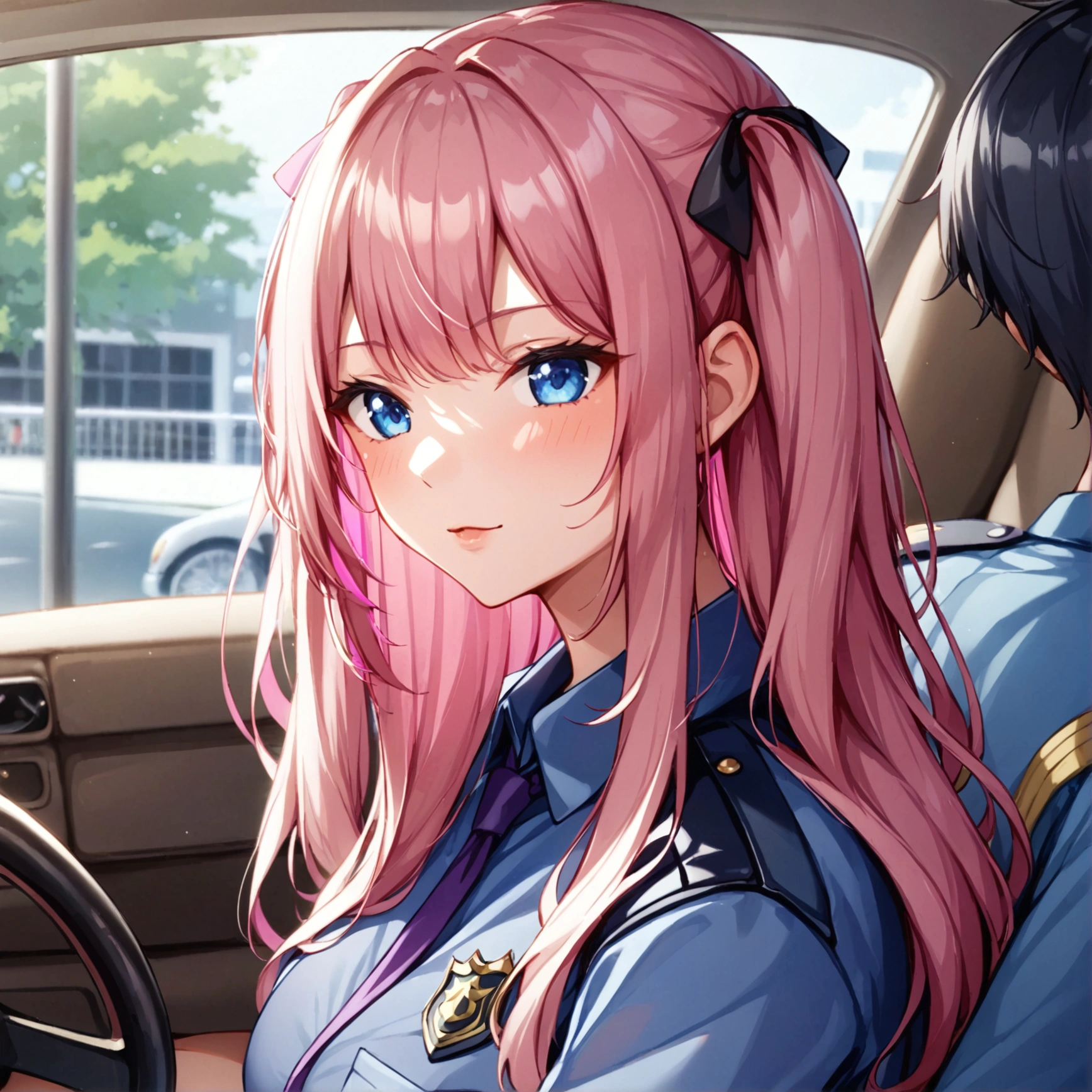 ((Highest quality))、(masterpiece)、(Realistic Shadows)、NSFW、(A policewoman sits in the passenger seat)、View from the front、anguish(１8 year old beautiful girl),(email)、Twin tails、Long Hair、(colored inner hair　black hair + pink inner hair)、Pink hair ribbon、Blue eyes、Black shirt、Purple tie、(A male police officer is in the driver&#39;s seat)、handjob、While driving、Side by side