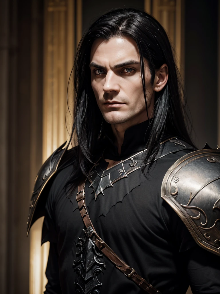 (best quality), 1boy, Male, mature male, 36 years old, pale skin, (black hair), long hair, dark eyes, perfect eyes, strong jawline, king, handsome, crown, armor, dark fantasy, black clothes, evil, scowl, gothic, masterpiece, anatomically correct, highres
