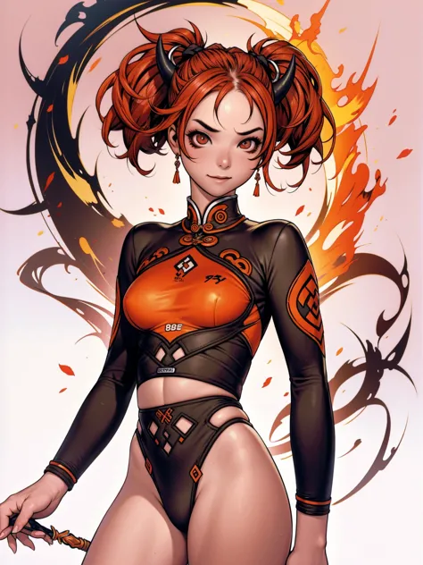 (((dressed))), (((detailed clothing))), (((fight clothes))), chinese demonic girl with tiny thong and ripped top with flame grap...