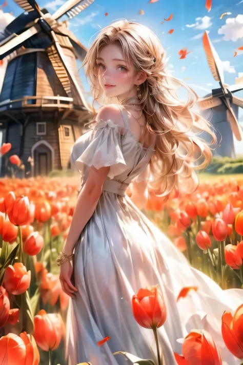 a cute girl in white dress walking in tulips surrounded by windmills, 1girl, solo, dress, windmill, white dress, long hair, flow...