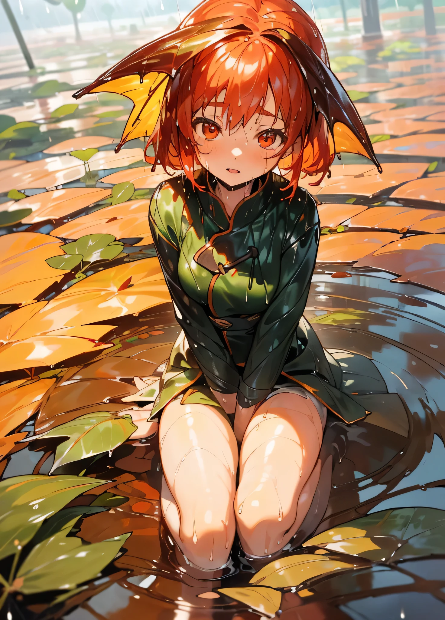 girl, anime『My Favorite Child』Kana Arima, Redhead, Red eyes, (After the Rain:1.5), Sitting in a puddle, (at night, Shine星:1.3), (Flower Field, Shine, bloom, Chromatic, colorful:1.3), (Wet leaves:1.8)