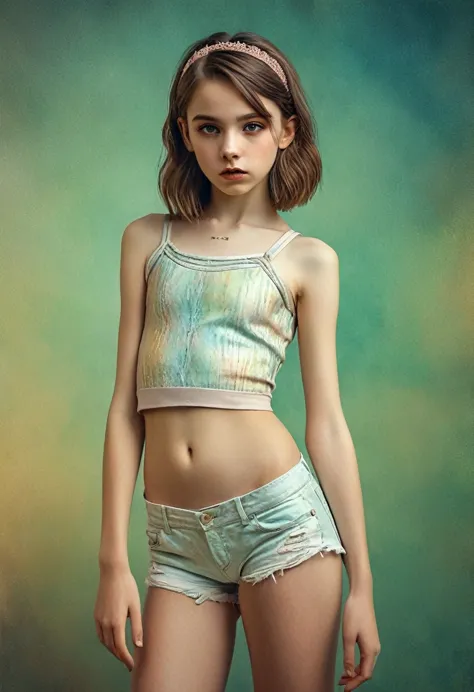 (cinematic photo:1.3) from (thigh-length photos:1.3),(skinny:1.3) ((croptop, navel)) beautiful 12 year old girl, (complex brown ...