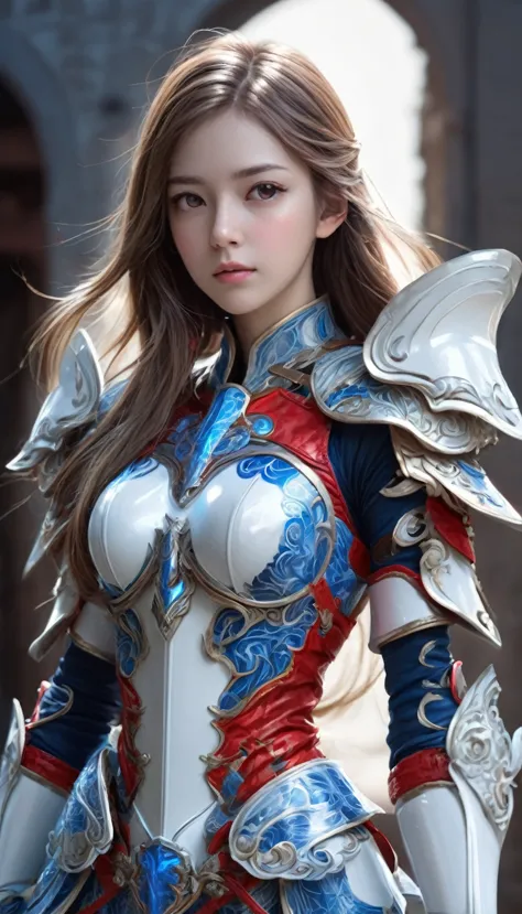 front_watch, masterpiece, best quality, realistic, raw photos, (1 girl, looking at watcher), long hair, white armor, complex arm...