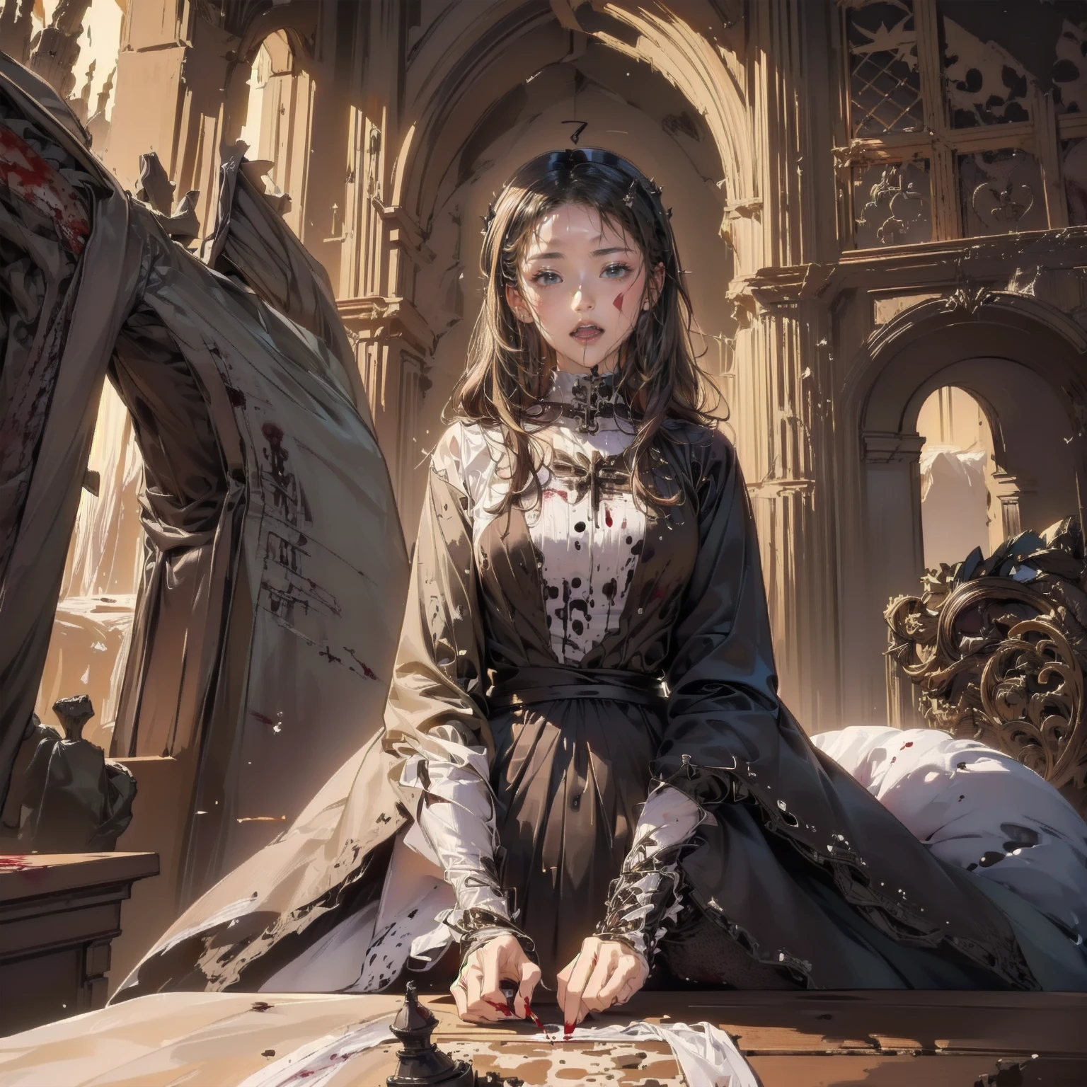 Gothic architecture、Western architecture、Fantasy World、,Victorian cities, Skeleton Gas Light,Absurd, High resolution、 ((Tabletop)), ((Highest quality)), (Very detailedな), ((Very detailed)), (beautiful), ((pretty girl)), (NFSW:1.8), alone,(10 years old:1.6)、(world&#39;The most terrifying and creepy demon girl:1.5)beautiful face、Whole Body Ezbian、pale, Beautiful Skin、beautiful金の髪、Smiling Kindly、Dark building ruins、(snow white&#39;Frill dress:1.3)、(The dark ruins are stained with blood:1.3)、Low angle full body shot、(少女は血の海の中にAre standing:1.5)、(The ground is full of blood:1.3)、(The girl lost a lot of blood.,disaster々new devil horns,(Highest quality,4K,High resolution,masterpiece:1.2),Very detailed,Realistic:1.37,Spooky altar background,Dark fantasy,Red color scheme,Ominous atmosphere,Eye-catching,Storytelling,anatomy,Anime Style,Concept Art,beautiful細部までこだわった顔と (((Red eyes ))),A terrifying ritual ,Satanic Ritual,Premature death,inappropriate behavior,クレイジーなsmile,Scythe Face,Girl Monster, beautiful, Delicate facial features, Sharp Eye, Sharp Fangs, pale skin, Thick chain, Dark Background, Cinema Lighting, Dramatic Shadows, Gothic style, Gloomy atmosphere, Dark fantasy, One Girl, , Please open your mouth wide, Open your mouth and baring your teeth,Sharp teeth like a beast, Wide lips, very wide mouth, Vermilion cheeks, ,(Blood splatter:1.4),Scary smile, smile,Fallen angel design, Twisted smile、Bloody、bleeding from the head,,,,,、Blood splatter、,(Blood splatter:1.4),Crossbones, skull,Horror Style, ((Fantasy Fallen Angel Costume)), ((Flowing black hair)), ,(Blood splatter:1.4),Female curves, Sexy flat stomach, Perfect hands, Perfect anime face, ((White Lolita Dress)), Are standing, ((邪悪なsmile)), ,(Blood splatter:1.4), Steam circulates, Moonlight Illumination, night lighting, disaster々新new devil horns,,(Blood splatter:1.6),アニメFallen angel design, Twisted smile、Bloody、bleeding from the head,,,,,、Blood splatter、,(Blood splatter:1.4),Crossbones, skull,Gothic architecture、Western architecture、Fantasy World、,Victorian cities, Skeleton Gas Light,Absurd, High resolution、 ((Tabletop)), ((Highest quality)), (Very detailedな), ((Very detailed)), (beautiful), ((pretty girl)), (NFSW:1.8), (world&#39;The most terrifying and creepy demon girl:1.5)beautiful face、Whole Body Ezbian、pale, beautiful肌、beautiful黒の髪、Smiling Kindly、Dark building ruins、(snow white&#39;Frill dress:1.3)、(The dark ruins are stained with blood:1.3)、Low angle full body shot、(クレイジーなsmile:1.6)、Spirits、(Blood dripping from the mouth:1.3)
