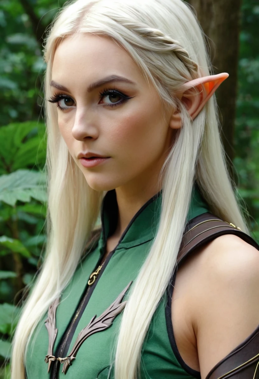 platinum blonde hair, 1 girl, long hair, pointed ears, elf, huntress outfit, longa gift, a gift \(weapon\), nature, draw up, long eyelashes, masterpiece, Best quality, complex part, sketch, contour, anime screenshot, huge gigantic 