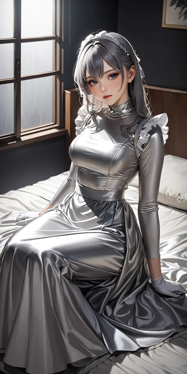 Portraiture、(masterpiece,Highest quality,Ultra-high resolution),Japanese women, (((Very beautiful 25 year old girl)))、(She is wearing a shiny light silver satin long sleeve maid outfit..)、The dress has a simple design without any patterns...、(((A long skirt made of pale silver satin.)))、Pale silver satin gloves、((Pale silver satin bodysuit))、Sitting on a bed in a dark room