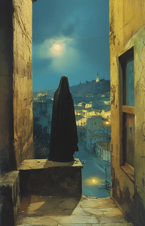 masterpiece,best quality,illustration,style of felipe lorca dicorcia, nazgul over the sleeping city.one says to the other in a c...