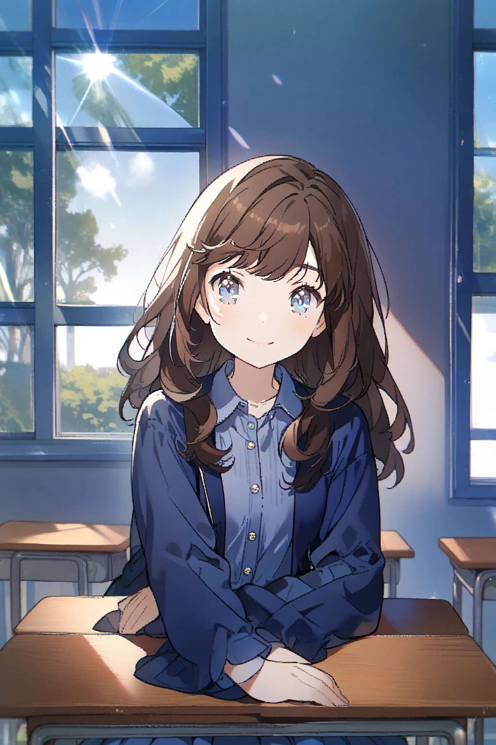 1 girl, CuteStyle, upper body, blue eyes, brown hair, long hair with bangs, dressed in a dark blue dress, dressed in a dark blue jacket buttoned, school dress, at school, windows, sitting at a desk, smile on her face, day, light, rays of the sun, detailed, beautiful, medium chest, looking on the viewer, tired face, calm cute cheerful smile, dynamic, gentle tones