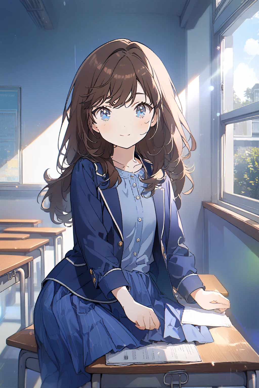 1 girl, CuteStyle, upper body, blue eyes, brown hair, long hair with bangs, dressed in a dark blue dress, dressed in a dark blue jacket buttoned, school dress, at school, windows, sitting at a desk, smile on her face, day, light, rays of the sun, detailed, beautiful, medium chest, looking on the viewer, tired face, calm cute cheerful smile, dynamic, gentle tones