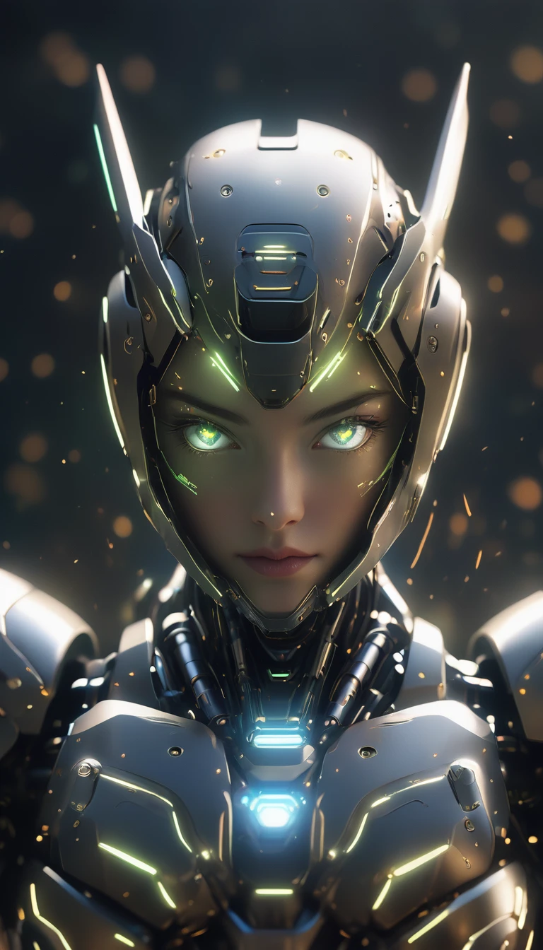 "In this powerful and intense image, a strong robot is depicted from a frontal view, focusing on its face, chest, and arms. The robot's face is detailed with sharp, defined features, glowing eyes that project determination and intelligence, and a metallic texture that emphasizes its strength. The robot stares directly ahead, as if locking onto its target, giving a sense of purpose and resolve. The chest is broad and armored, showcasing intricate designs and circuits that highlight the advanced technology within. The arms are robust and well-defined, with visible mechanical joints and reinforced plating, ready for action.