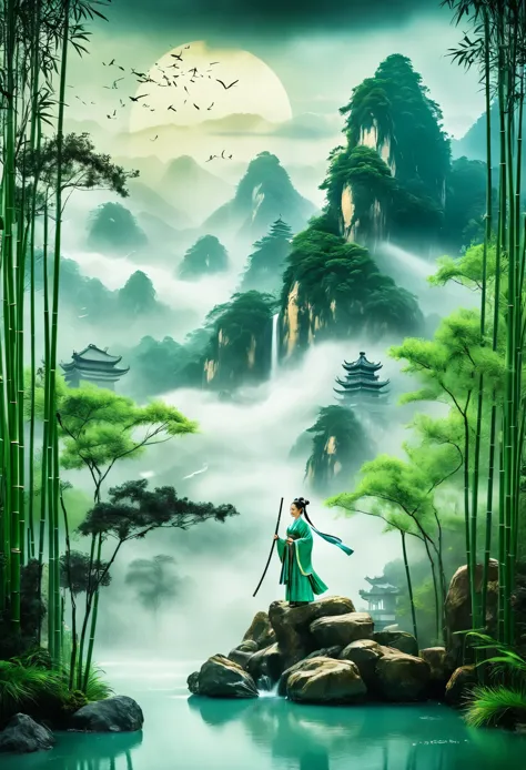 /i h entry screen, a woman in hanfu stands among the bamboo groves, an epic fantasy scene with dark clouds in the sky and smoke ...