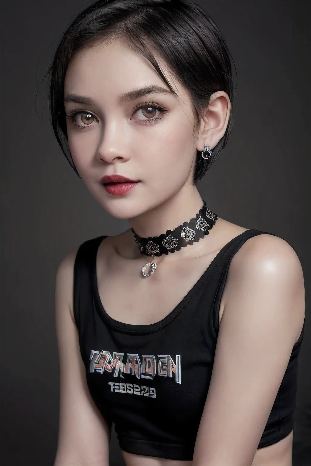 ((Long diamond earrings)), ((NECK CHOKER)), ((GOTHIC BLACK EYELASHES & LIPS)), ((BLACK LIPS)), ((shorthaircut:1.3)), adorable, 1 girl, (face to face), 10 years old, baby face, happy, half body portrait, (face details: 1), (eye details: 1), ((tiny breasts)). ((croptank "IRON MAIDEN" logo)), ((net stockings)), lingerie 