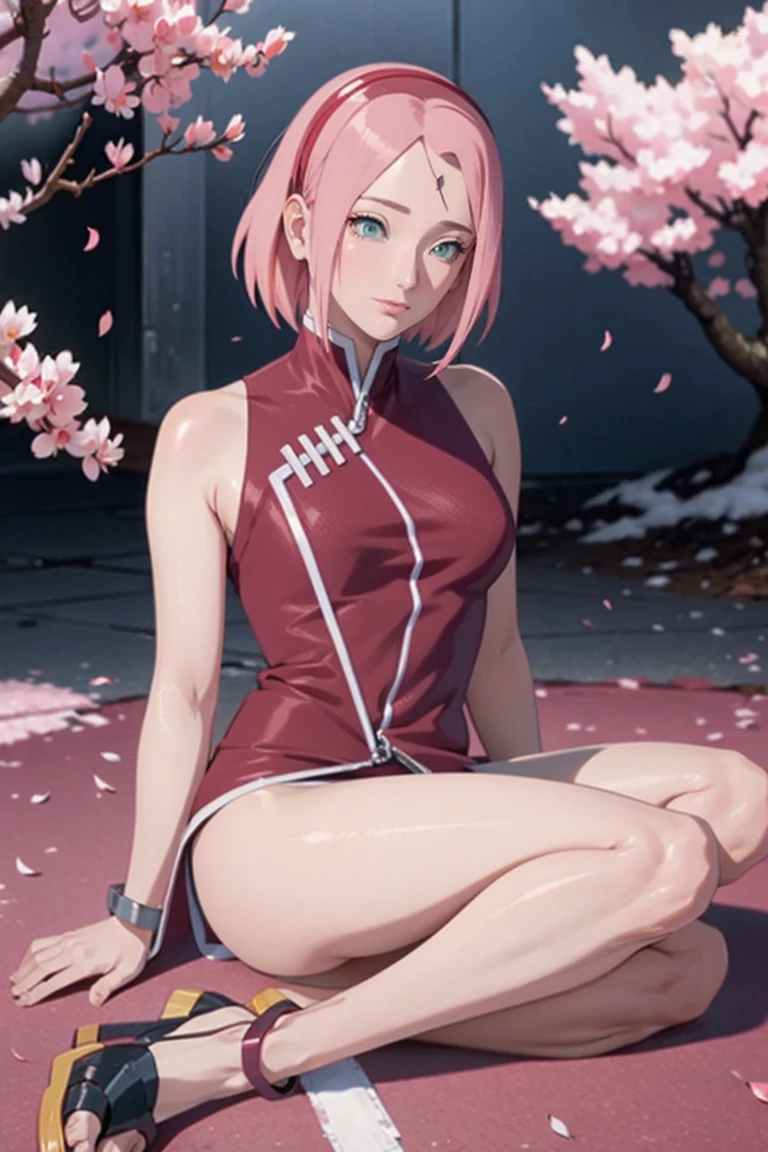 Masterpiece artwork， Best quality at best， 1 girl， sakura haruno， breasts small，Ombro to ombro suit，（neckleace)，（trunk)，Raised sexy，Is shy，he used to smile，with pink hair，shorth hair， （greeneyes:1.4)， Forehead protection， the cherry trees，Cherry blossoms flying，Red clothing，half zipper, sitting on the floor thighs