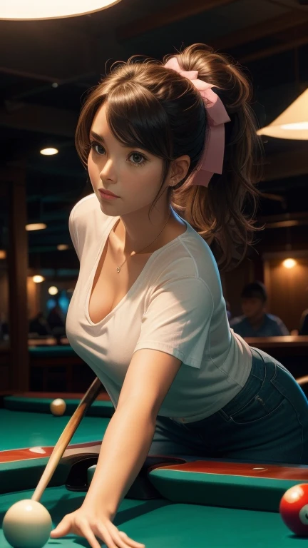 Create a highly detailed and photorealistic image of a young woman who is 1.75 meters tall, weighs 80 kilograms. She has a sporty build with moderate size breasts and pink long hair with streaks, styled in a more controlled,wavy cut. Attached in a loose ponytail on the side. She is leaning forward intently over a green pool table in a modernly styled, dimly lit billiards hall, aiming her shot. She wears casual, modern clothing, specifically tight-fitting jeans and an oversized sheet white t-shirt, very large neck opening, letting a peek at her breasts. The setting includes modern overhead lighting and a background filled with other players observing the game. Hold a billiard queue. Playing billiard. Ready tobhit the ball. Leaning on the table with intent to play billiard.