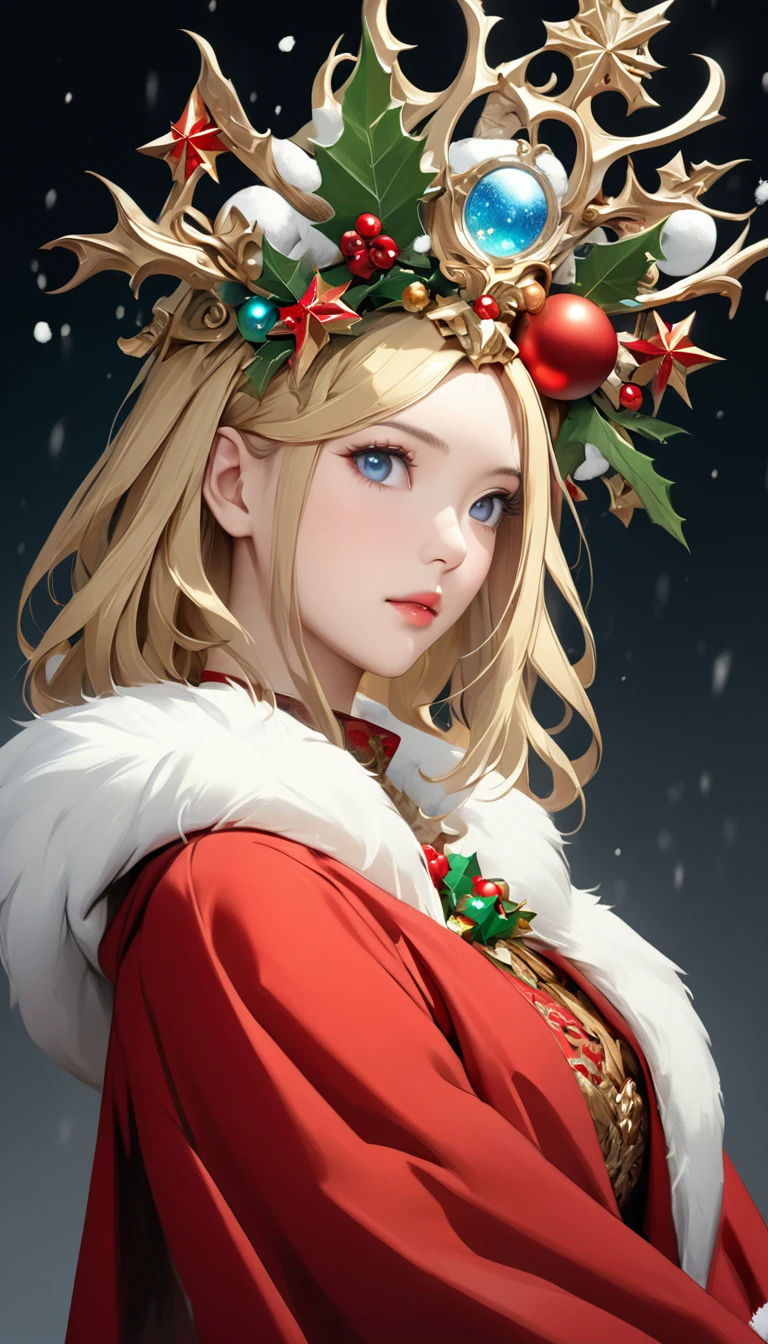 a beautiful empress portrait, blonde hair, perfect blue eyes, with a brilliant, impossible striking big Christmas headpiece, clothes Santa robes, everything Christmas, snow, symmetrical, dramatic studio lighting, rococo, baroque, greens, asian, hyperrealism, closeup, D&D, fantasy, intricate, elegant, highly detailed, digital painting, artstation, octane render, 8k, concept art, matte, sharp focus