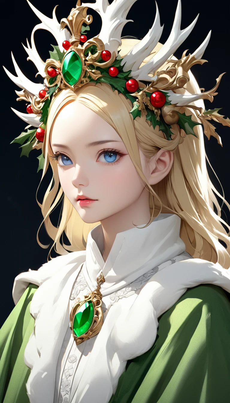 a beautiful empress portrait, blonde hair, perfect blue eyes, with a brilliant, impossible striking big Christmas headpiece, clothes Santa robes, everything Christmas, snow, symmetrical, dramatic studio lighting, rococo, baroque, greens, asian, hyperrealism, closeup, D&D, fantasy, intricate, elegant, highly detailed, digital painting, artstation, octane render, 8k, concept art, matte, sharp focus