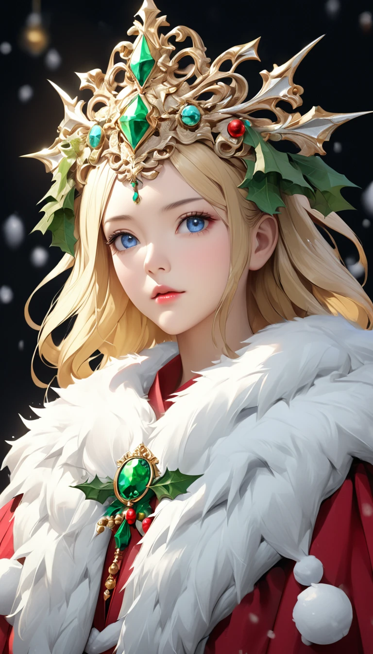 a beautiful empress portrait, blonde hair, perfect blue eyes, with a brilliant, impossible striking big Christmas headpiece, clothes Santa robes, everything Christmas, snow, symmetrical, dramatic studio lighting, rococo, baroque, greens, asian, hyperrealism, closeup, D&D, fantasy, intricate, elegant, highly detailed, digital painting, artstation, octane render, 8k, concept art, matte, sharp focus