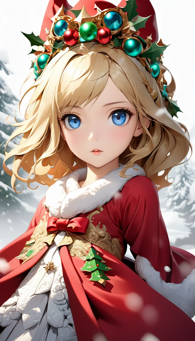 a beautiful empress portrait, blonde hair, perfect blue eyes, with a brilliant, impossible striking big Christmas headpiece, clothes Santa robes, everything Christmas, snow, symmetrical, dramatic studio lighting, rococo, baroque, greens, asian, hyperrealism, closeup, D&D, fantasy, intricate, elegant, highly detailed, digital painting, artstation, octane render, 8k, concept art, matte, sharp focus