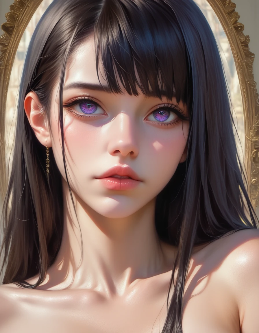 A shirtless anime male with black hair, long bangs covering most of his eyes, one blue eye and one purple eye, extremely detailed face and eyes, beautiful detailed lips, longeyelashes, (best quality,4k,8k,highres,masterpiece:1.2),ultra-detailed,(realistic,photorealistic,photo-realistic:1.37),intricate details,chiaroscuro lighting,dramatic lighting,cinematic lighting,hyper realistic,digital painting,breathtaking,striking,moody,vibrant colors