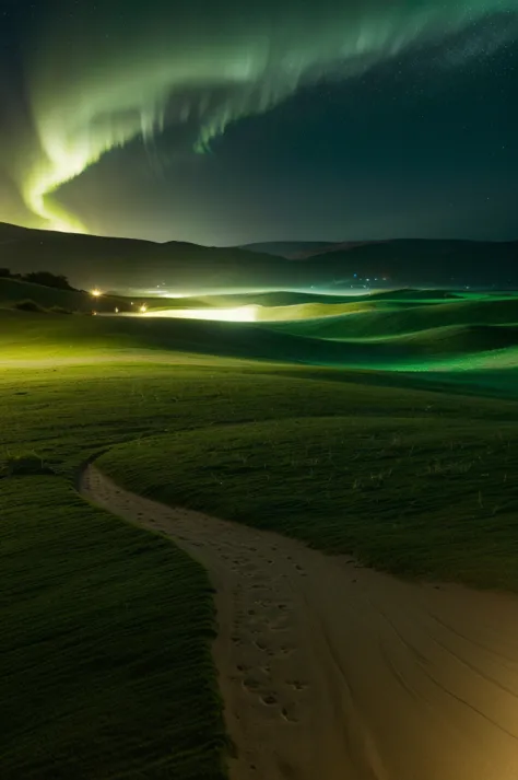 nighttime, starlight, stary night, magical landscape, green, shinning green, green lights, green reflections, emerald tones, eme...