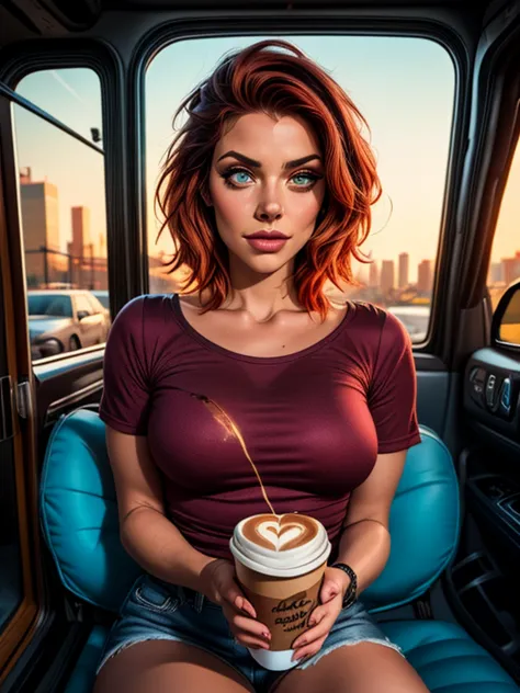 mj, photorealistic cinematic image of a beautiful homeless girl with short red hairdo., sitting inside her truck with the door o...