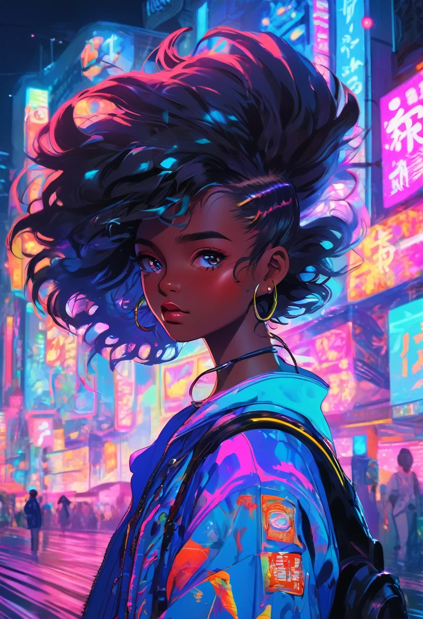 Dark skinned tomboy girl，Wearing your hair trimmed, illustration：aoiro studio and Masaaki Komori, Super detailed, neon lights, light, matte paint, Illustration in oil painting style, Popular Topics on Artstation, Modern Art, Surreal and dreamlike atmosphere..