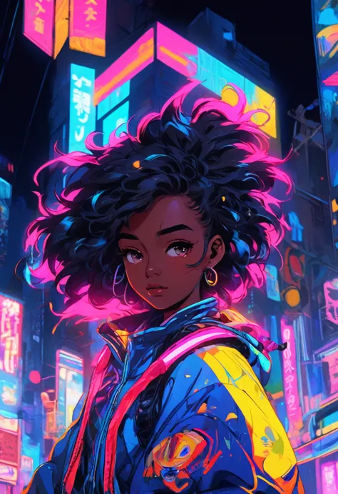 dark skinned tomboy girl，wearing your hair trimmed, illustration：aoiro studio and masaaki komori, super detailed, neon lights, l...