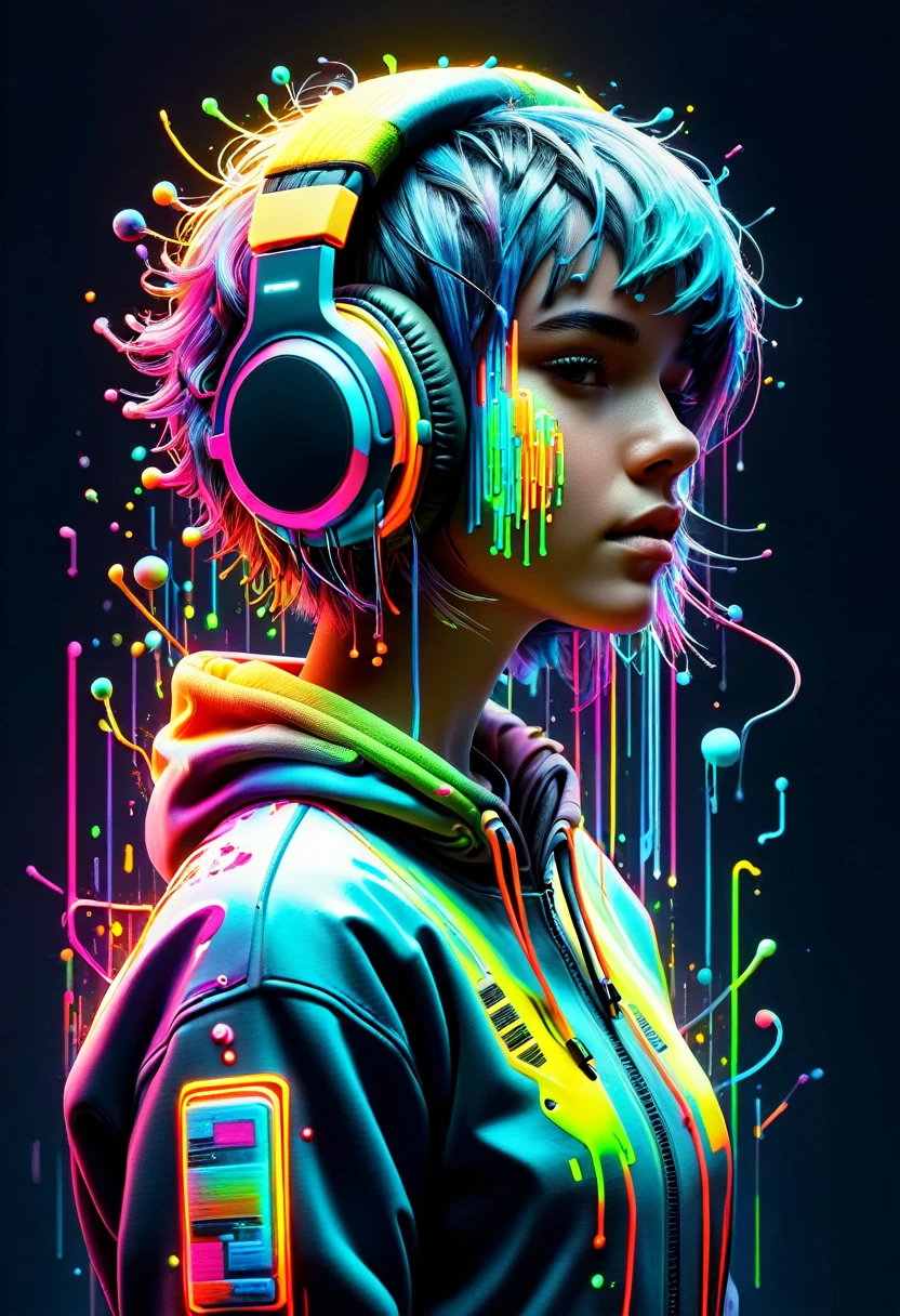 neonpunk sci-fi style, cyberspace dj club, augmented reality street artist, wearing a holo-hoodie, from the sides and on the side, headphones, short hair cut in neon, Neon rim lighting, 
food waste, paint splash, showy . Futuristic, technological, extraterrestrial worlds, space themes, advanced civilizations