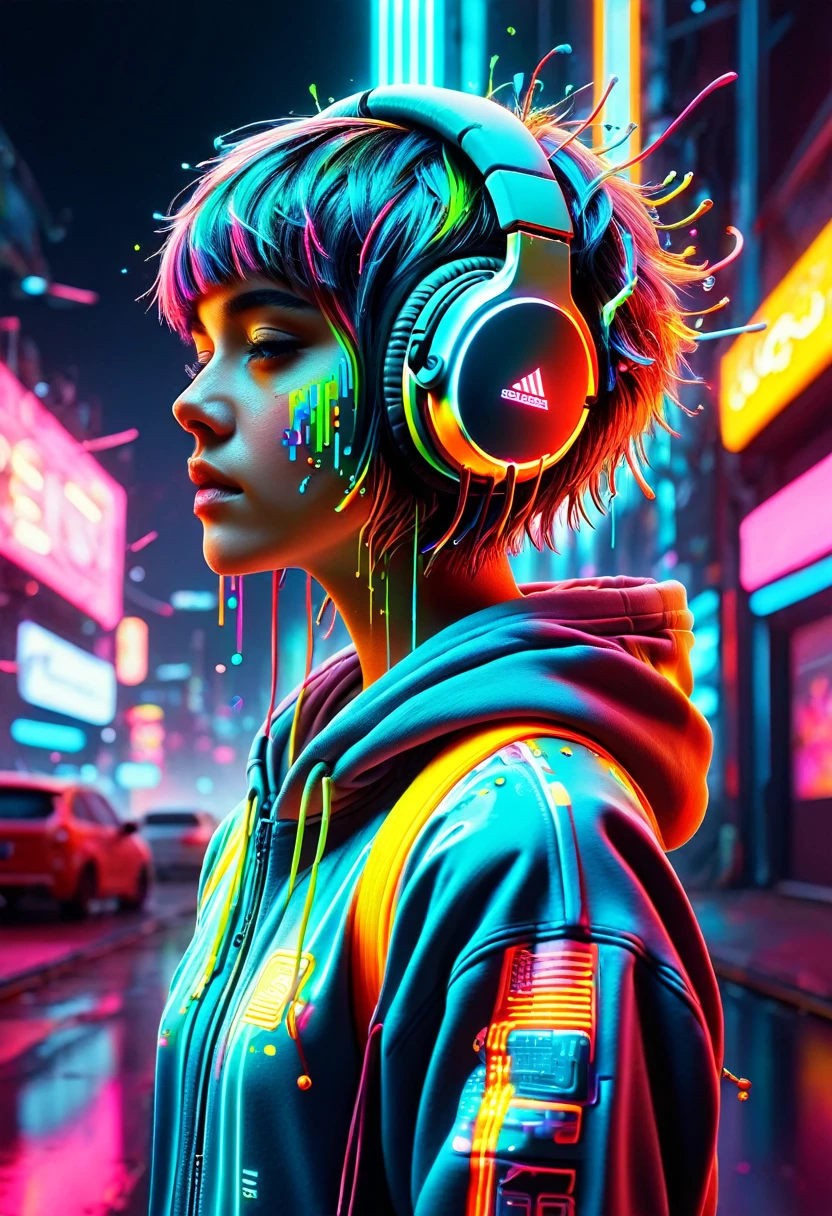 neonpunk sci-fi style, cyberspace dj club, augmented reality street artist, wearing a holo-hoodie, from the sides and on the side, headphones, short hair cut in neon, Neon rim lighting, 
food waste, paint splash, showy . Futuristic, technological, extraterrestrial worlds, space themes, advanced civilizations